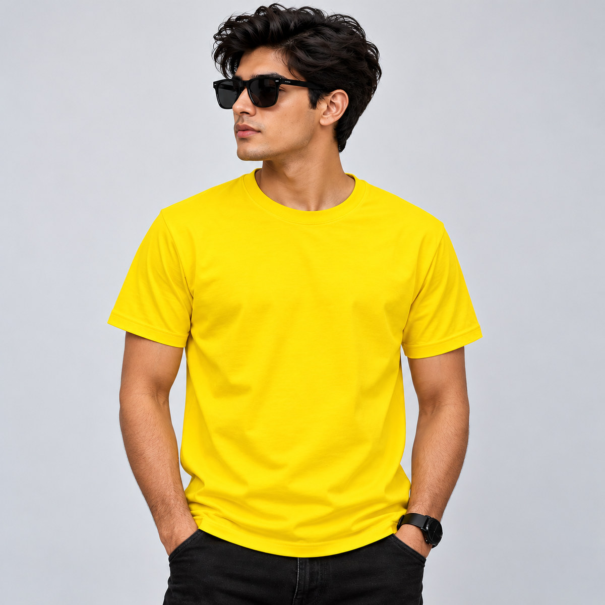 Regular medium size yellow plain t-shirt for men